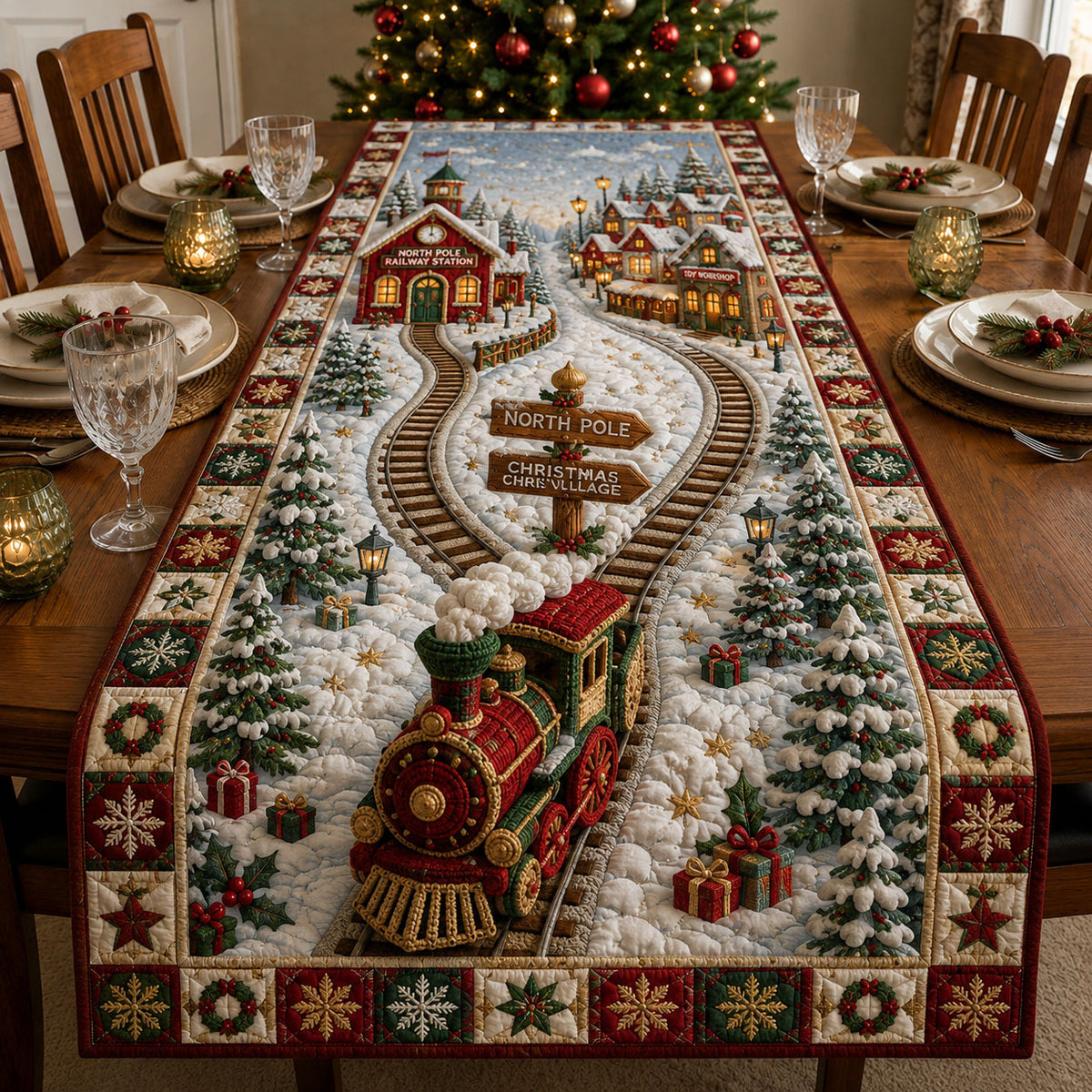 North Pole Railway Village Quilted Table Runner GFTOHNL3045
