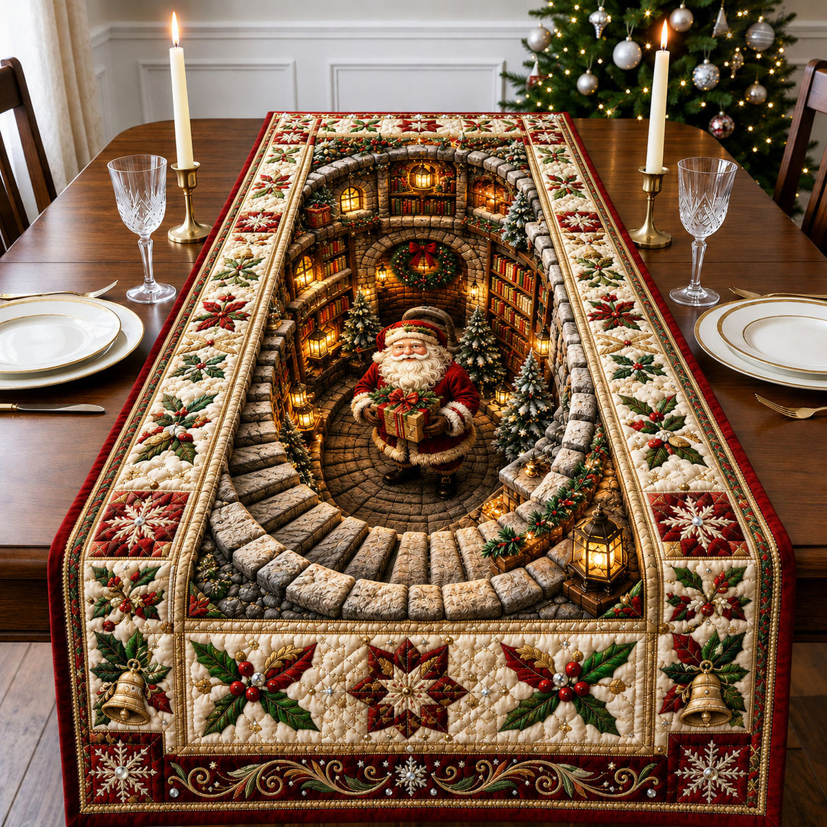 Santa Christmas Library Quilted Table Runner GFTOHNL3058