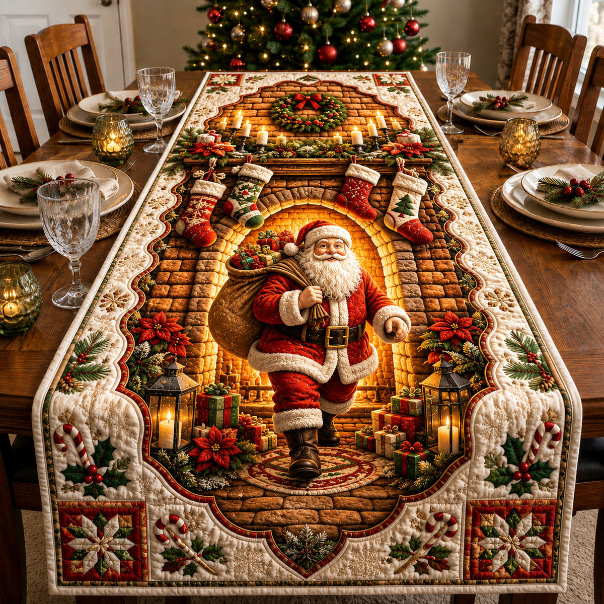 Santa Christmas Fireplace Quilted Table Runner GFTOHNL3059