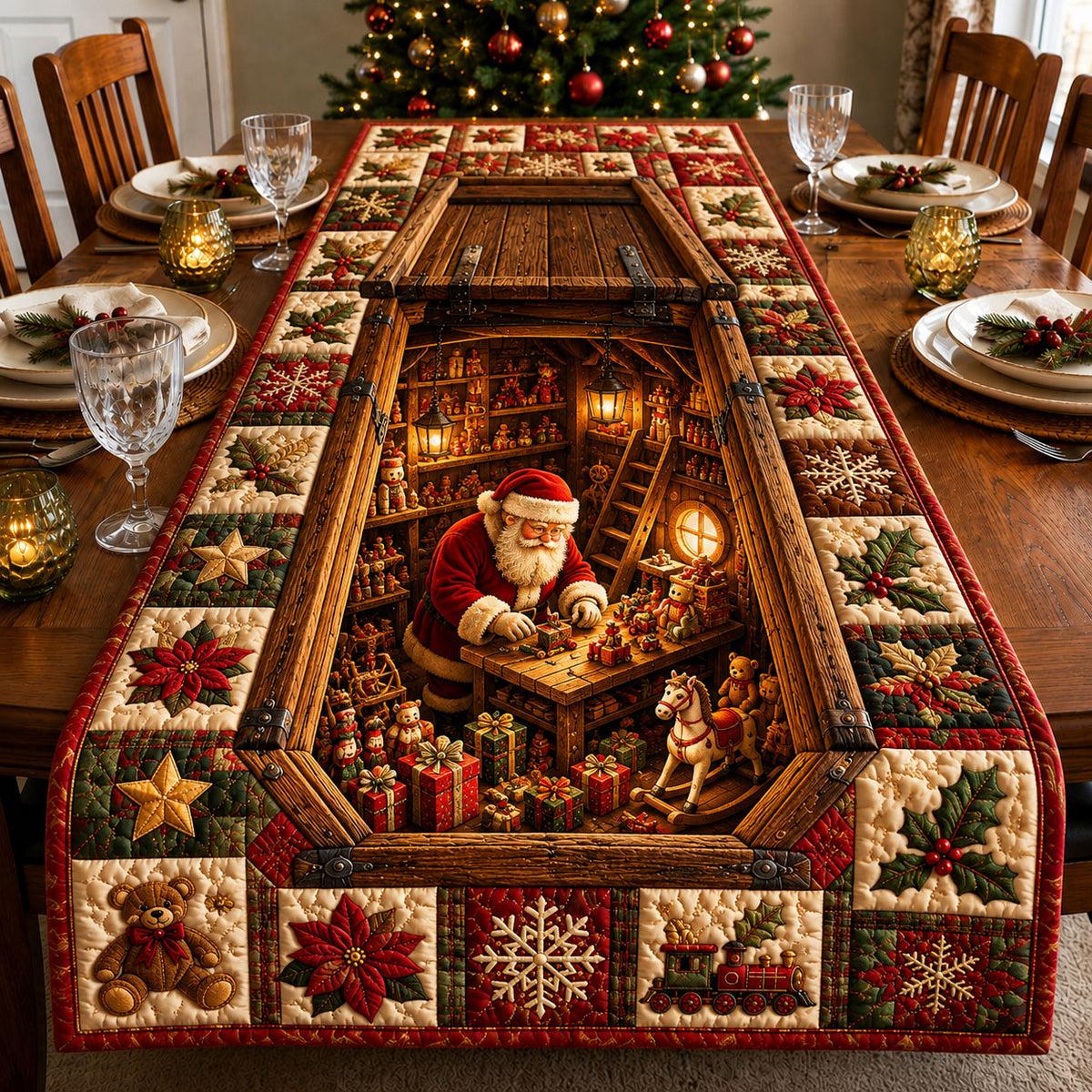 Santa Christmas Workshop Quilted Table Runner GFTOHNL3061