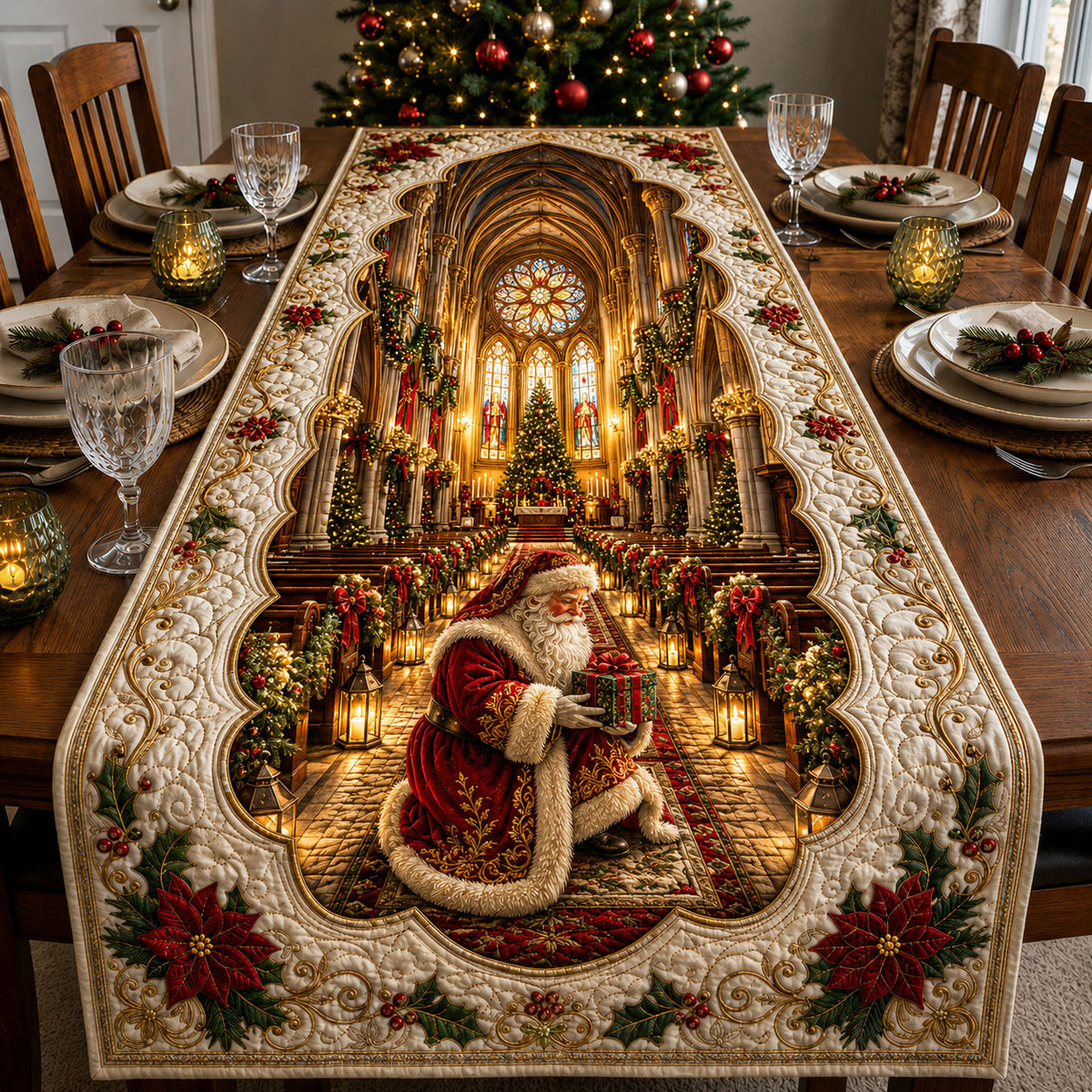 Santa Christmas Church Quilted Table Runner GFTOHNL3063