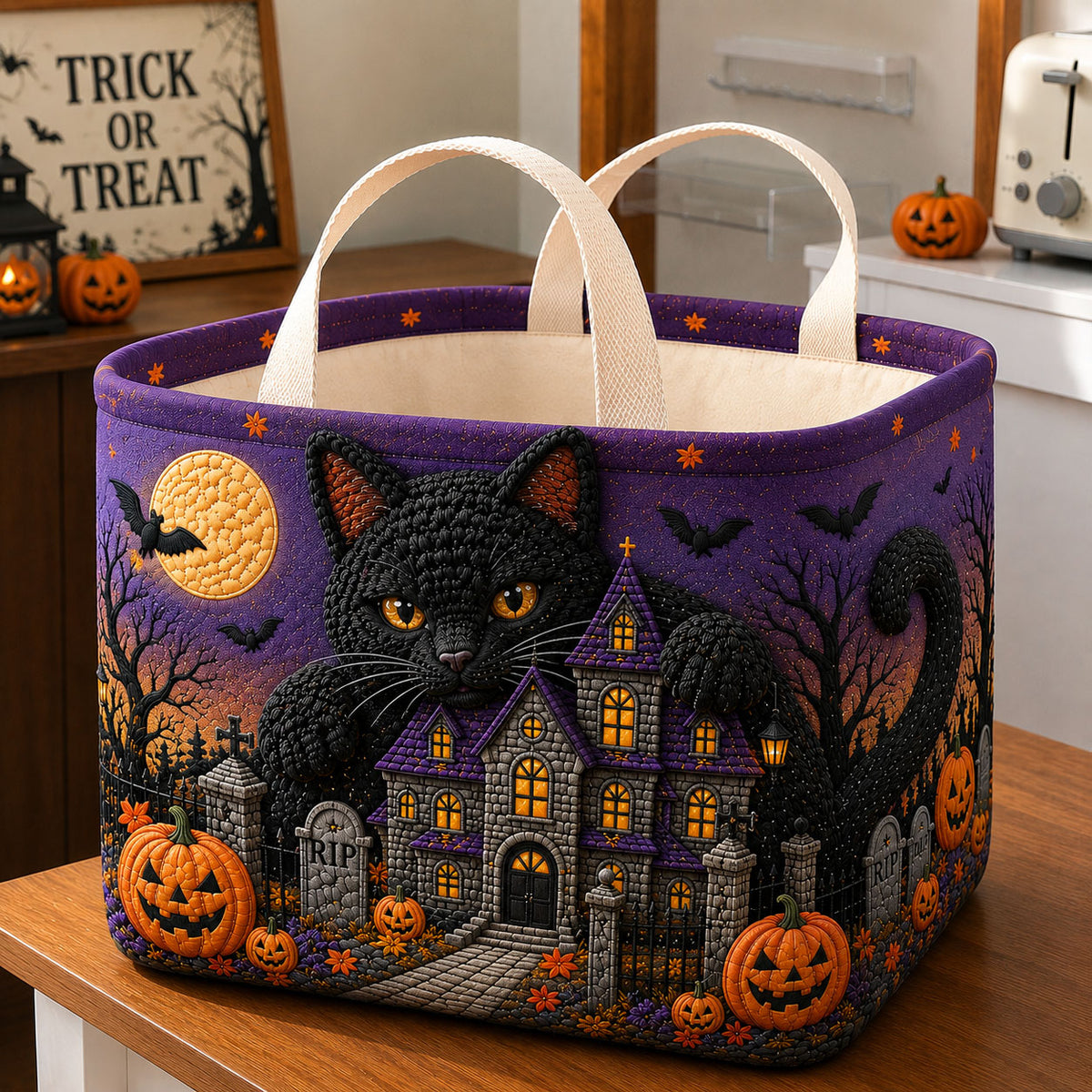 Black Cat Haunted House Quilted Storage Basket GFTOHNL3067