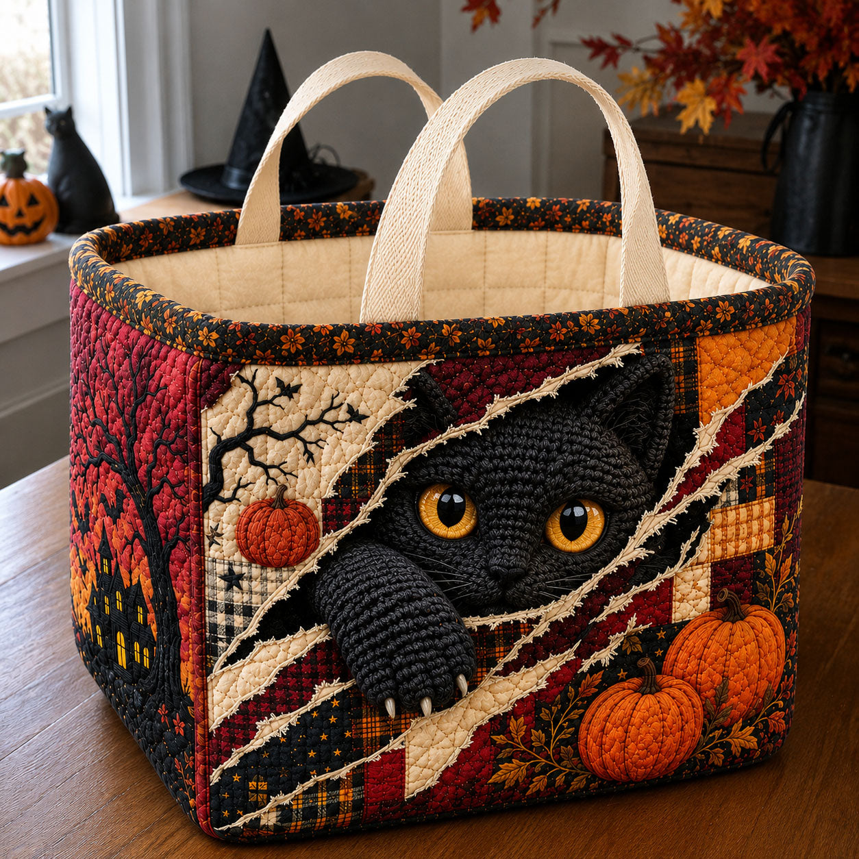 Black Cat Halloween Peek Quilted Storage Basket GFTOHNL3069