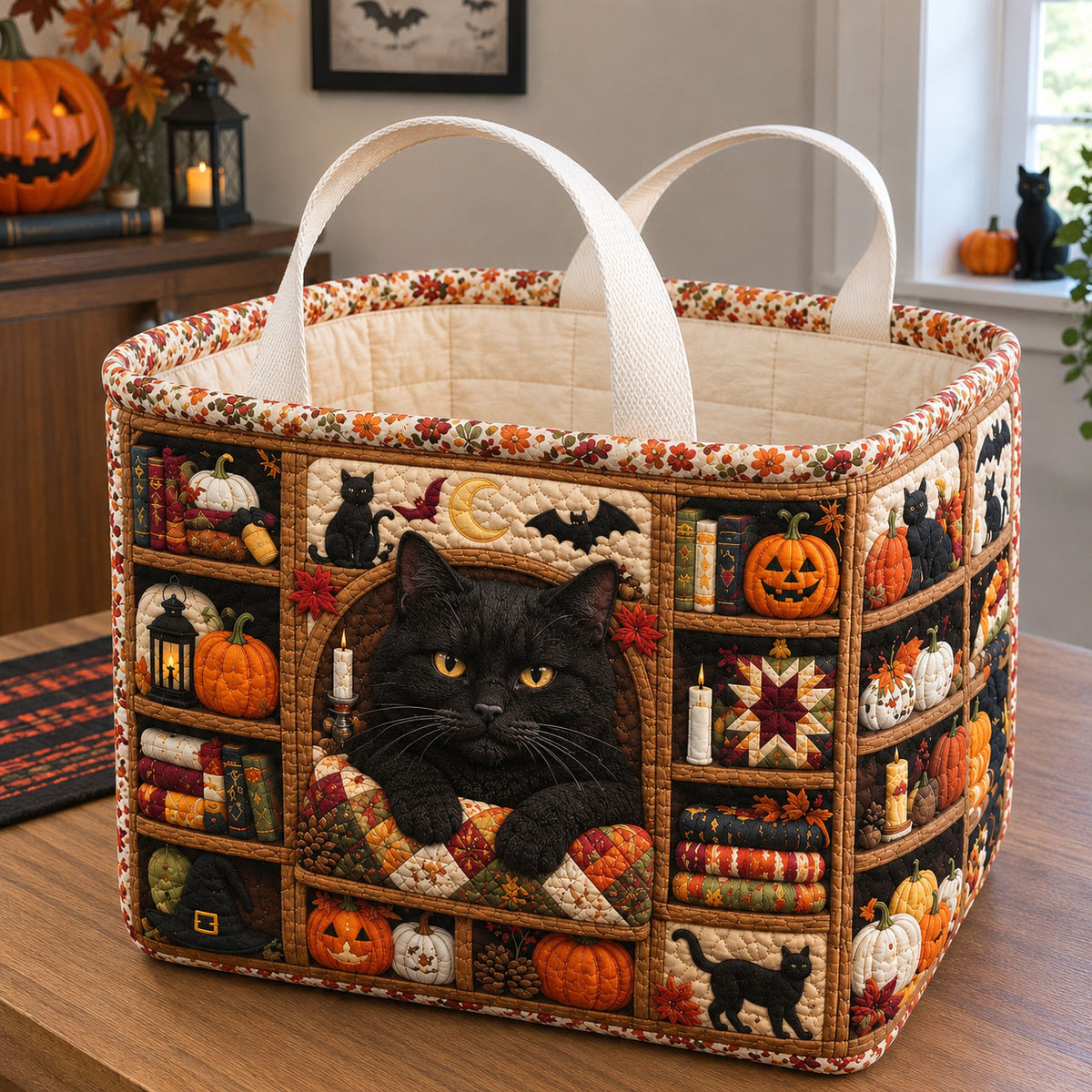 Black Cat Halloween Library Quilted Storage Basket GFTOHNL3070