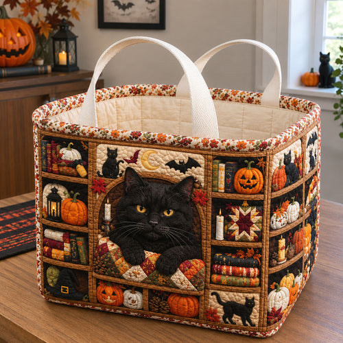 Black Cat Halloween Library Quilted Storage Basket GFTOHNL3070