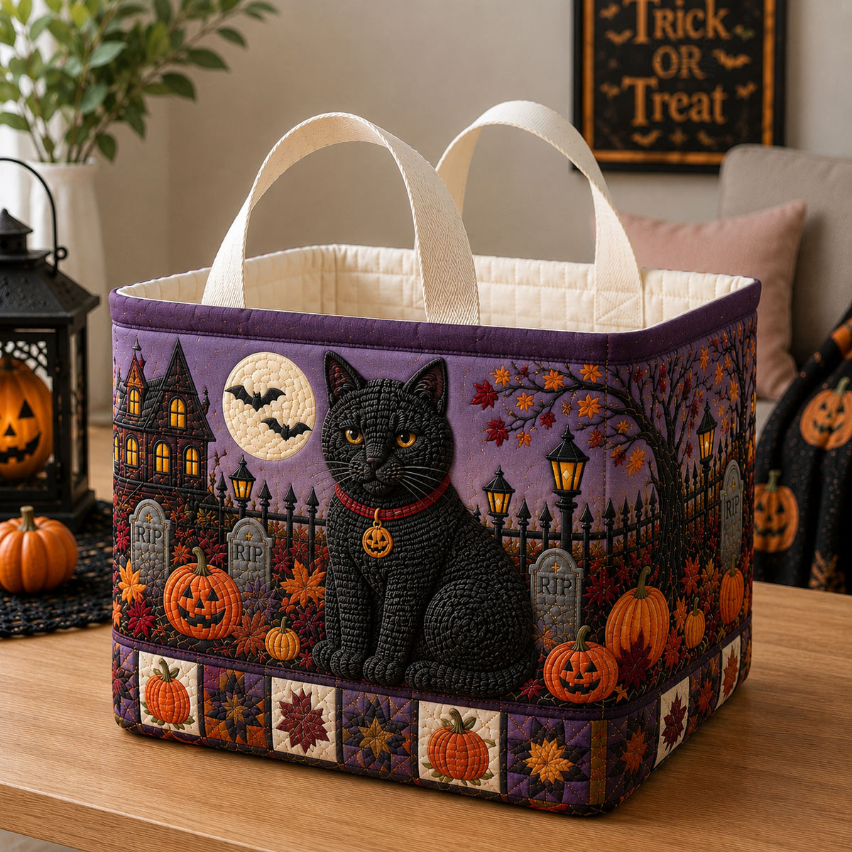 Black Cat Graveyard Night Quilted Storage Basket GFTOHNL3071