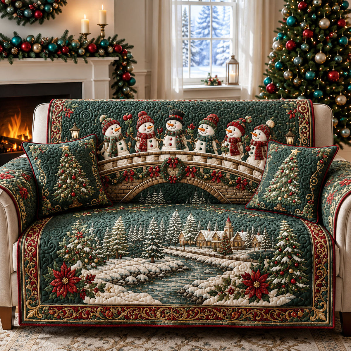 Snowman Christmas Bridge Quilted Sofa Cover GFTOHNL3074