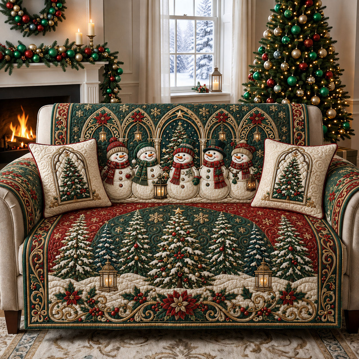 Snowman Christmas Forest Quilted Sofa Cover GFTOHNL3076