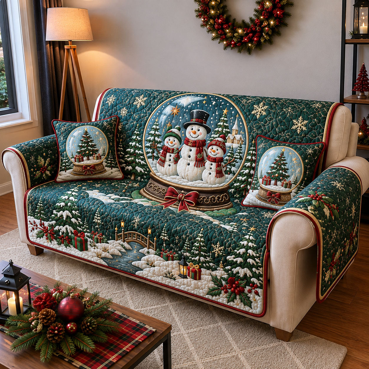 Snowman Christmas Snow Globe Quilted Sofa Cover GFTOHNL3078