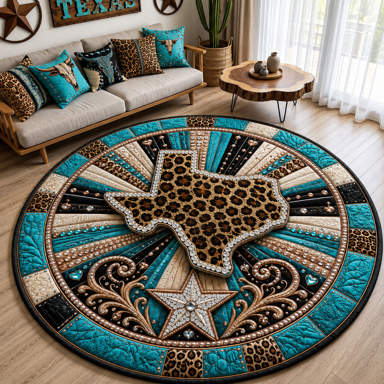 Turquoise Texas Leopard Quilted Round Mat GFTOHNL3116