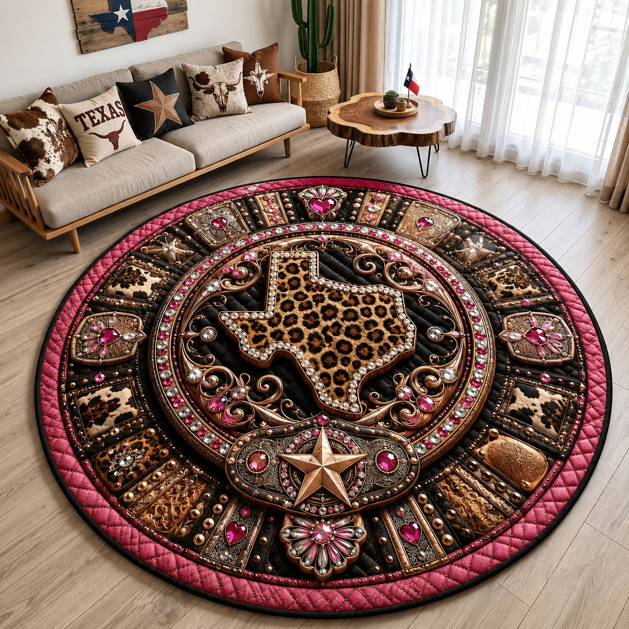 Pink Leopard Texas Quilted Round Mat GFTOHNL3119