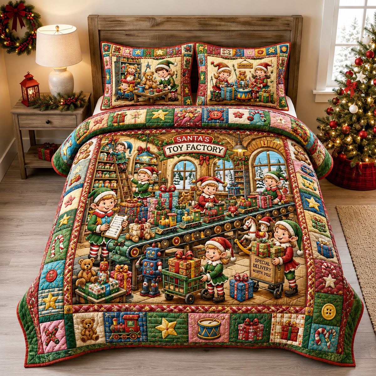 Santas Toy Factory 3-Piece Quilted Bedding Set GFTOHNL3126