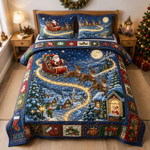 Santa Sleigh Christmas Night 3-Piece Quilted Bedding Set GFTOHNL3128