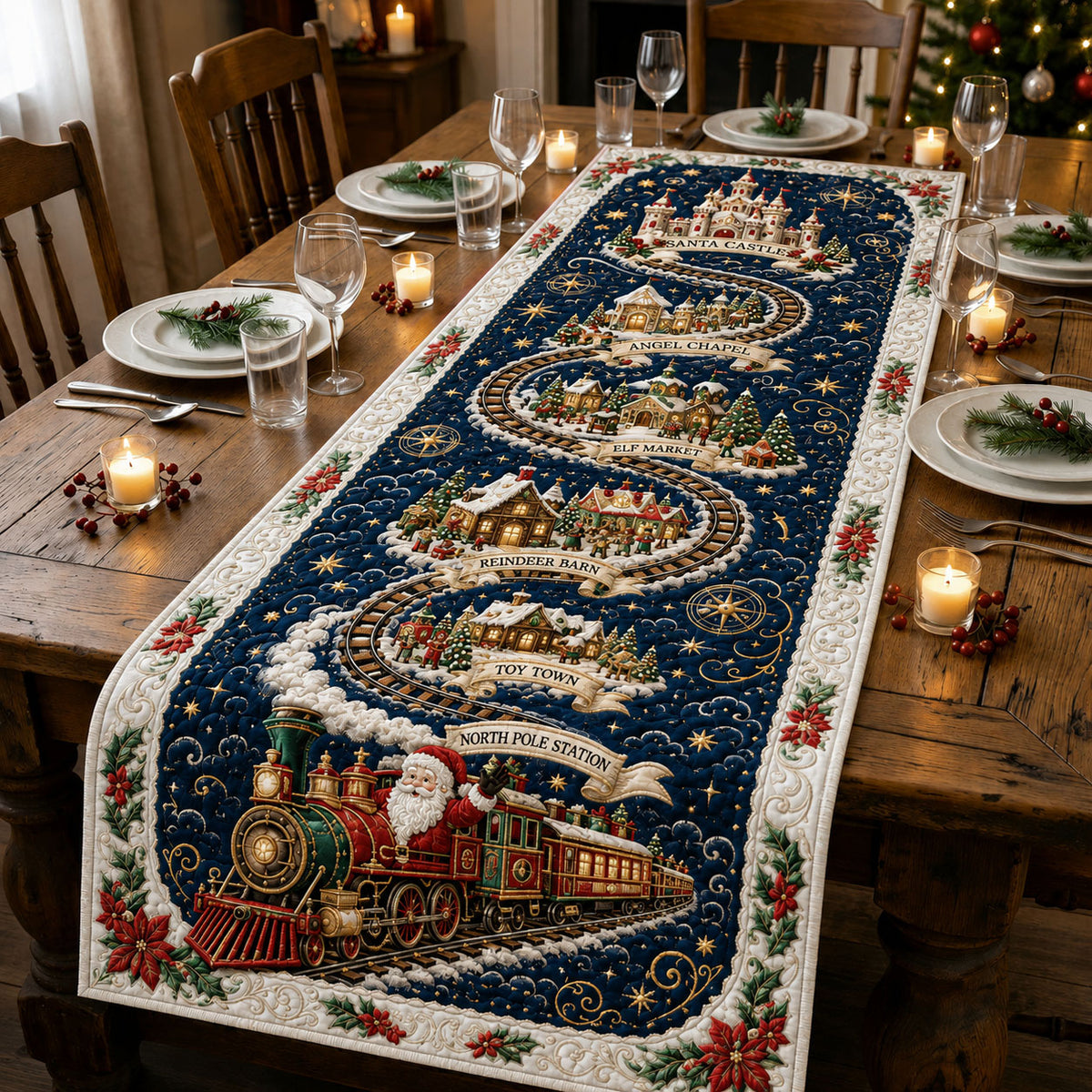 North Pole Christmas Railway Quilted Table Runner GFTOHNL3130
