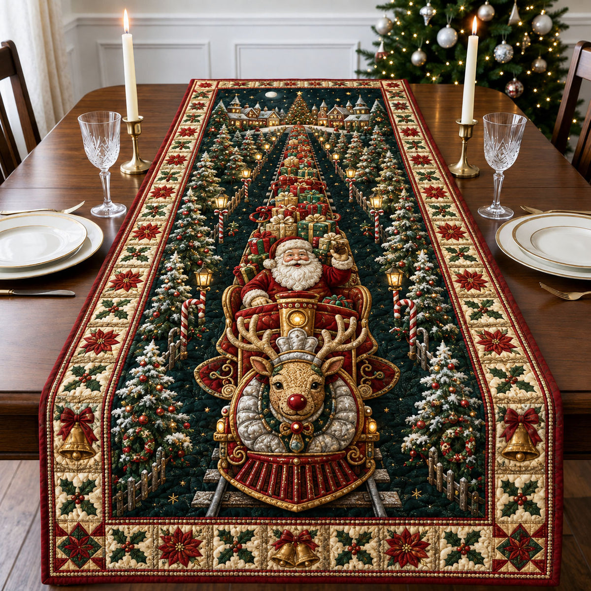 Santa Reindeer Christmas Train Quilted Table Runner GFTOHNL3131