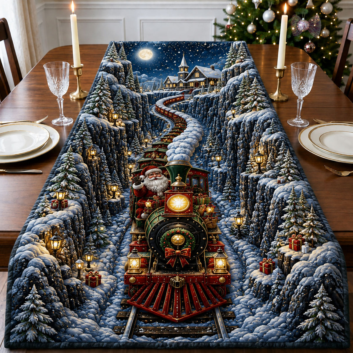Santa Winter Mountain Express Quilted Table Runner GFTOHNL3135
