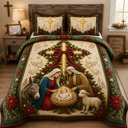 Christmas Nativity Cross 3-Piece Quilted Bedding Set GFTOHNL3165
