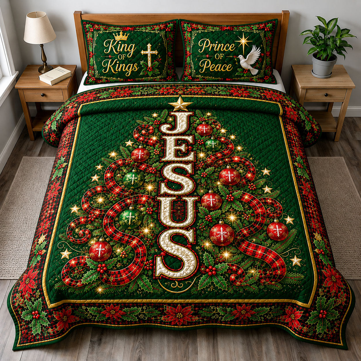 Jesus Christmas Tree 3-Piece Quilted Bedding Set GFTOHNL3166