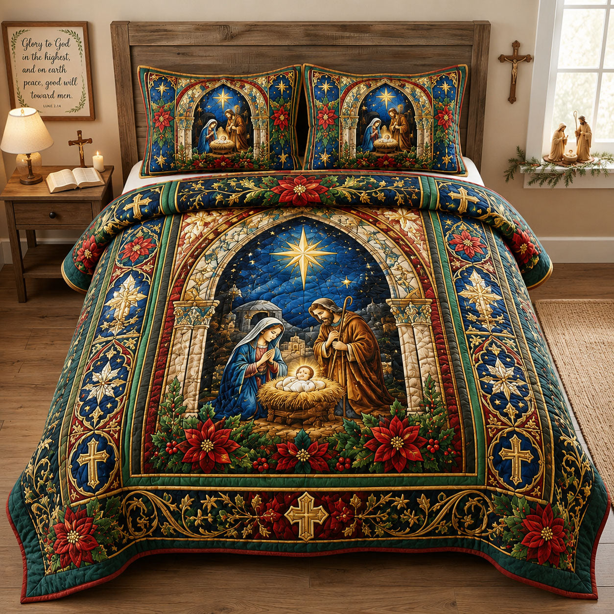 Bethlehem Nativity Star 3-Piece Quilted Bedding Set GFTOHNL3168