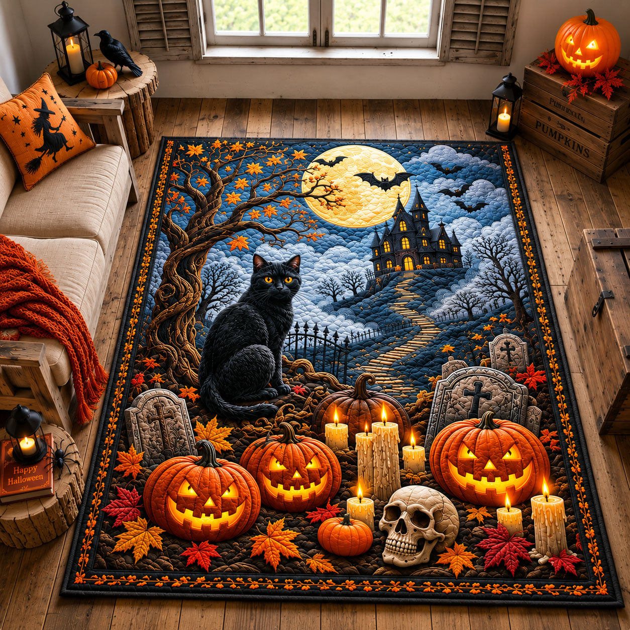 Black Cat Halloween Area Rug GFTOHNL3174