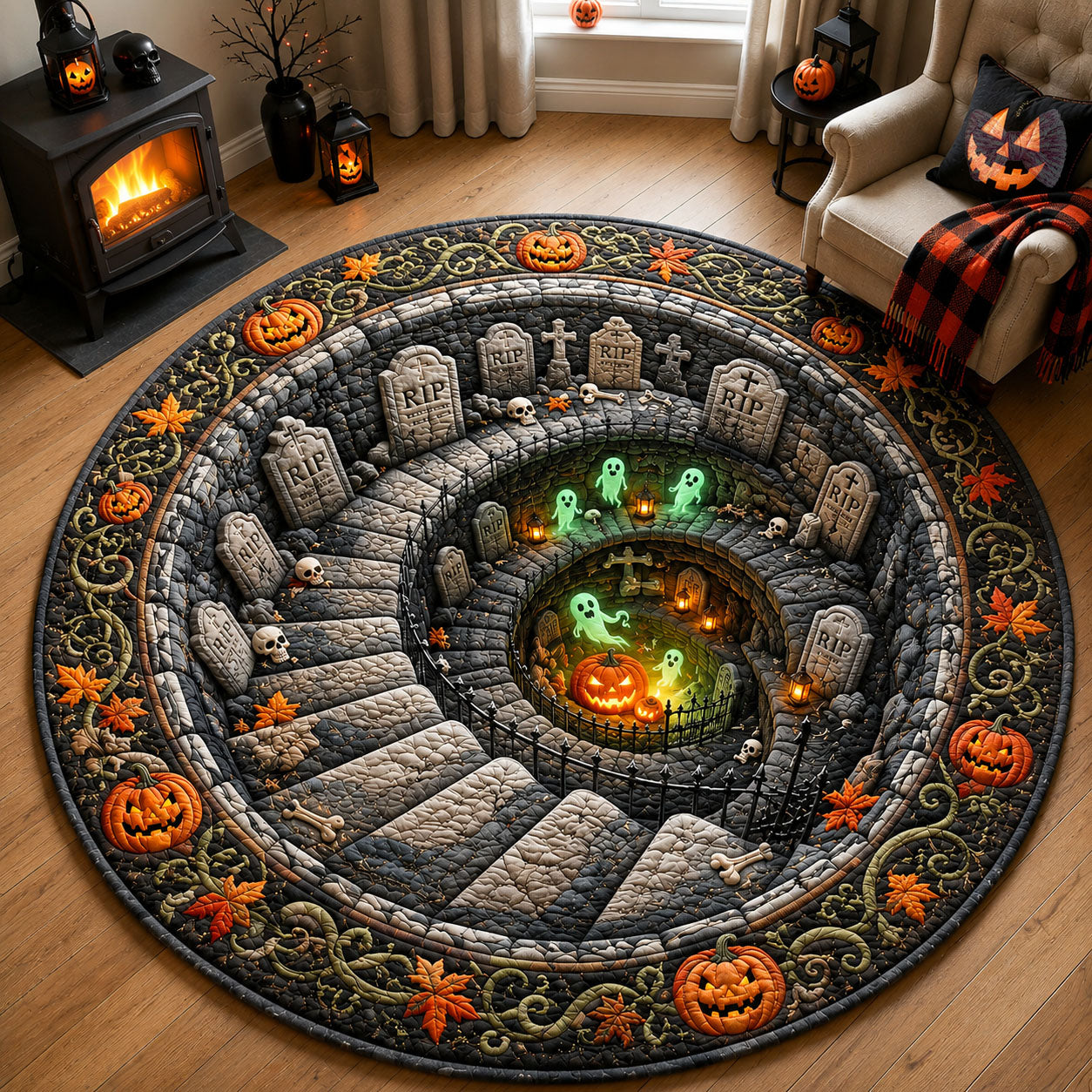 Haunted Graveyard Spiral Quilted Round Mat GFTOHNL3179