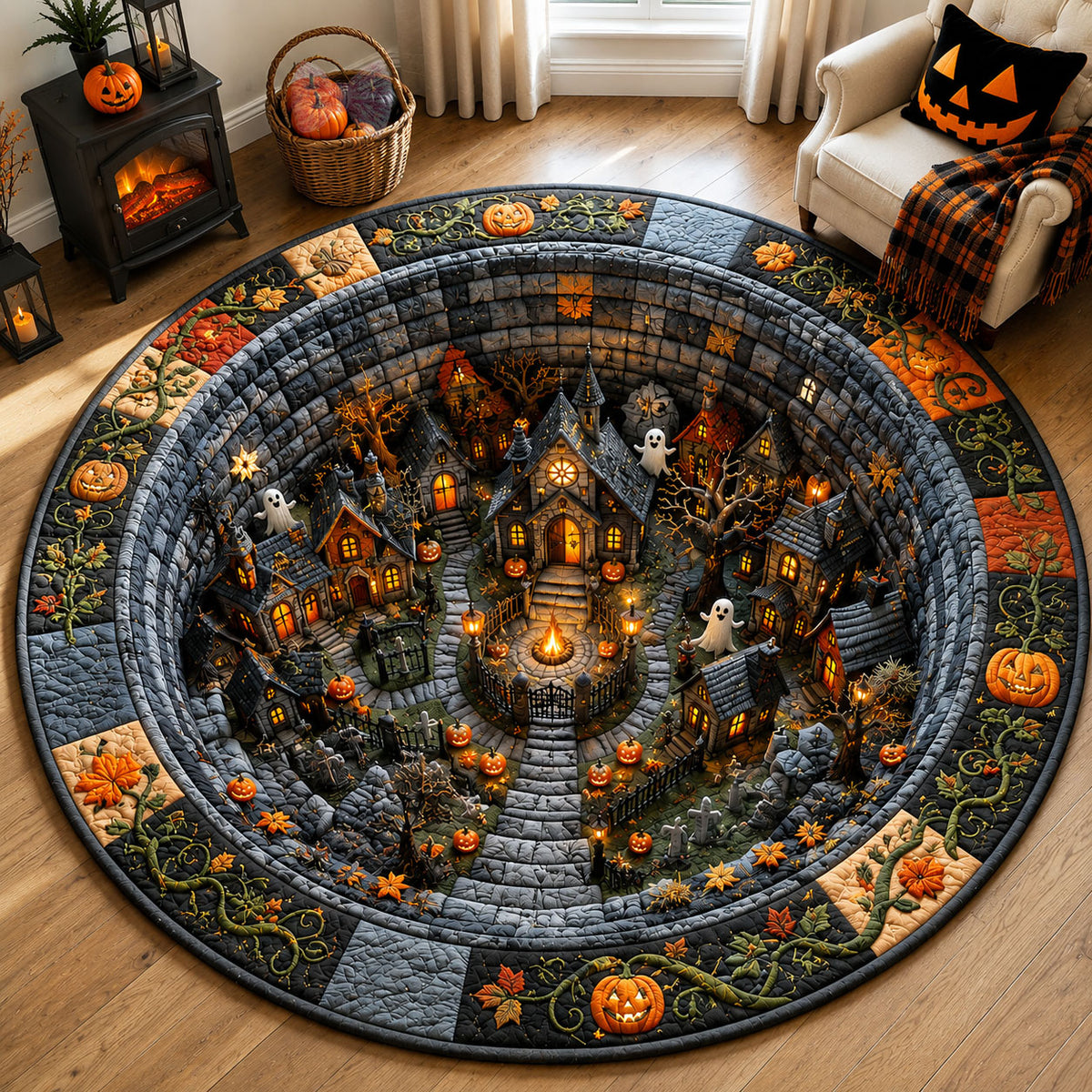 Haunted Village Spiral Quilted Round Mat GFTOHNL3185