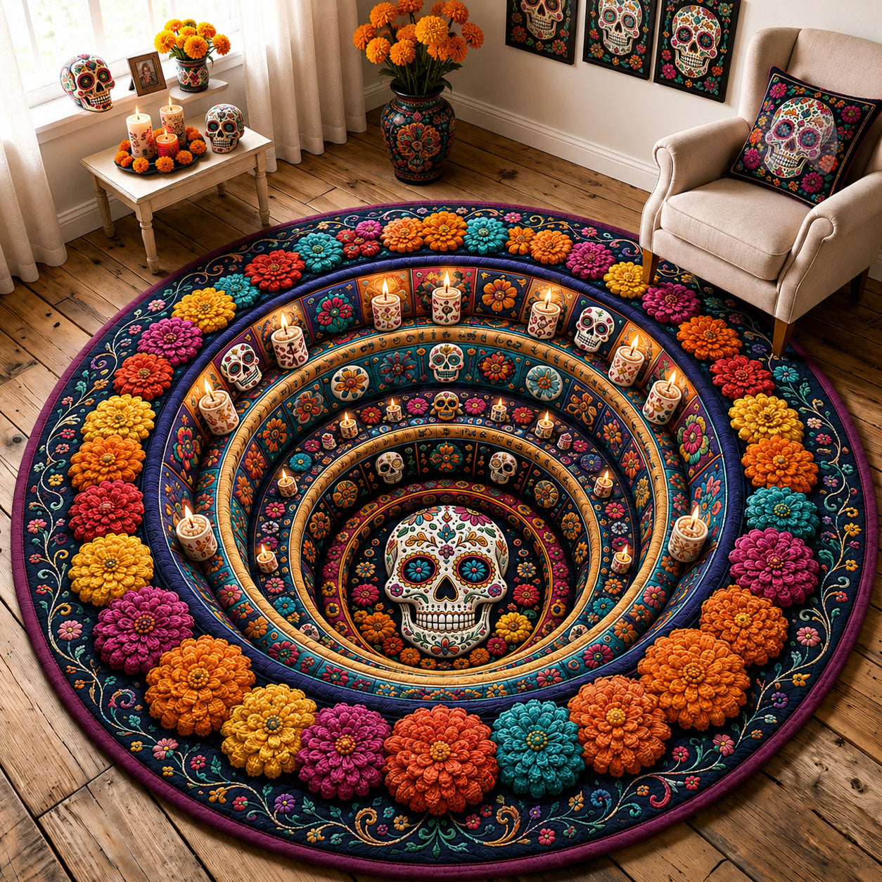 Sugar Skull Flower Circle Quilted Round Mat GFTOHNL3186