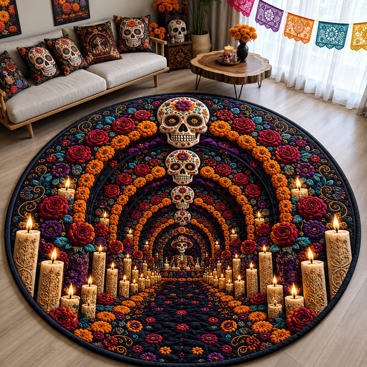 Mariachi Sugar Skull Quilted Round Mat GFTOHNL3188