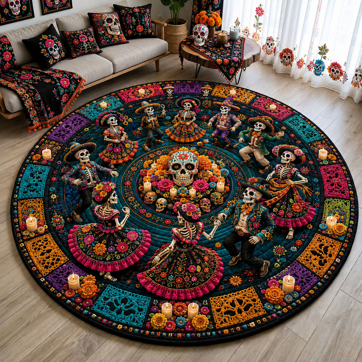 Day Of The Dead Dance Quilted Round Mat GFTOHNL3191