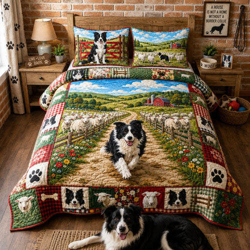 Border Collie Sheep Farm 3-Piece Quilted Bedding Set GFTOHNL3257