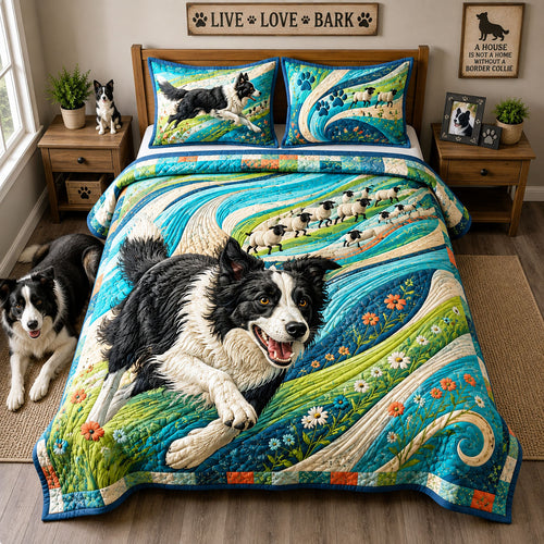 Border Collie Sheep Chase 3-Piece Quilted Bedding Set GFTOHNL3260