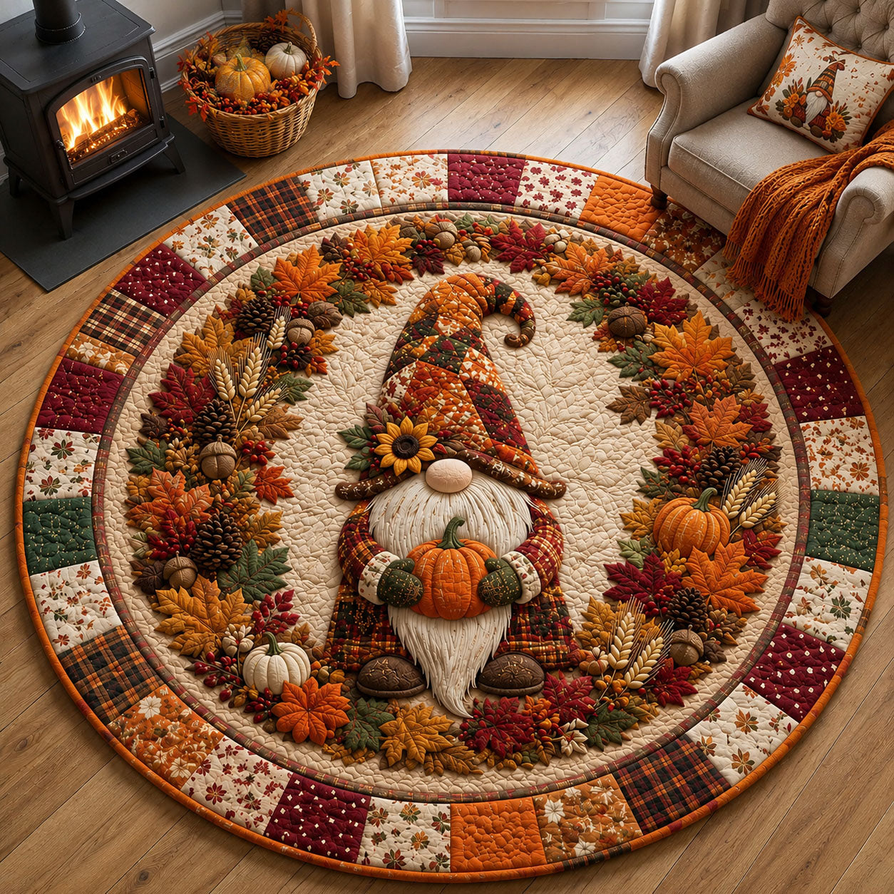 Autumn Gnome Harvest Quilted Round Mat GFTOHNL3269