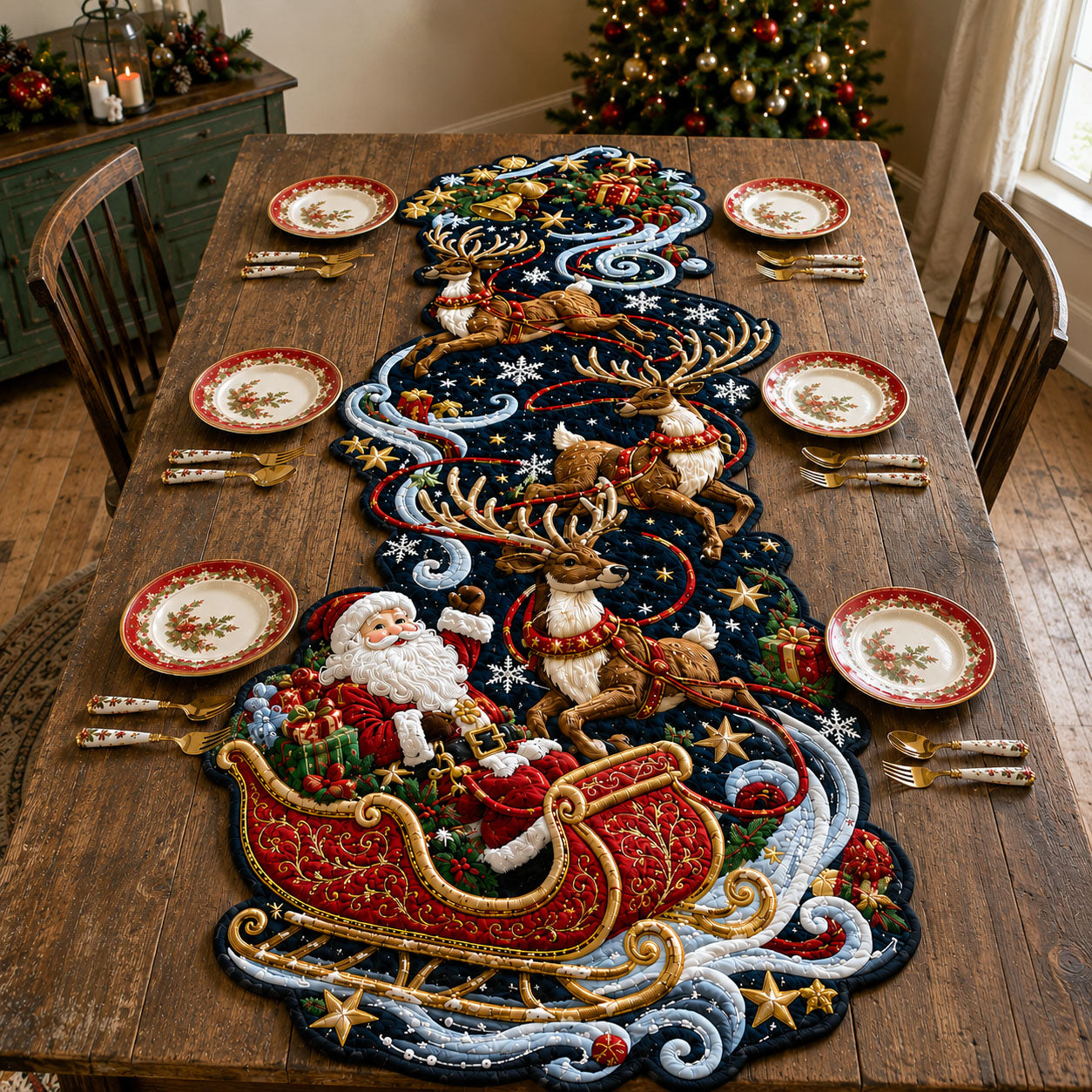 Santa Reindeer Sleigh Custom Shape Quilted Table Runner GFTOHNL3297