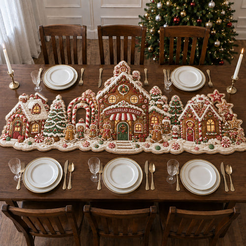 Gingerbread Christmas Village Custom Shape Quilted Table Runner GFTOHNL3298