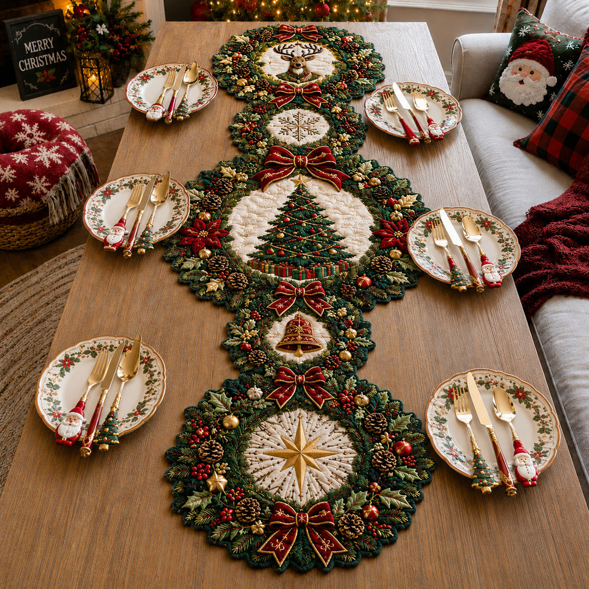 Christmas Wreath Medallions Custom Shape Quilted Table Runner GFTOHNL3300