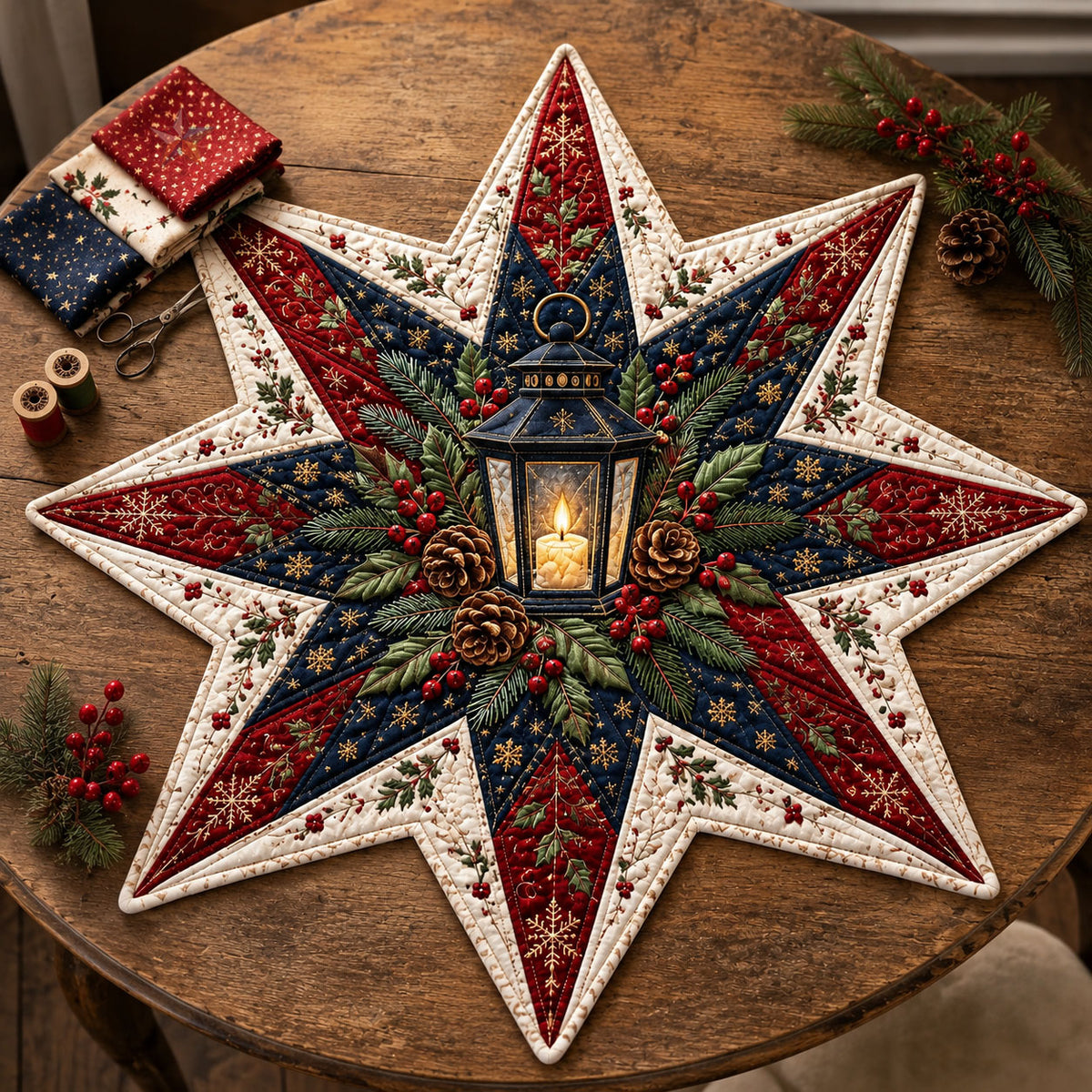Christmas Lantern Star Custom Shape Quilted Table Topper GFTOHNL3303