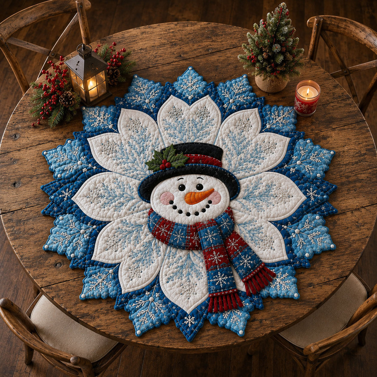 Snowman Winter Bloom Custom Shape Quilted Table Topper GFTOHNL3304