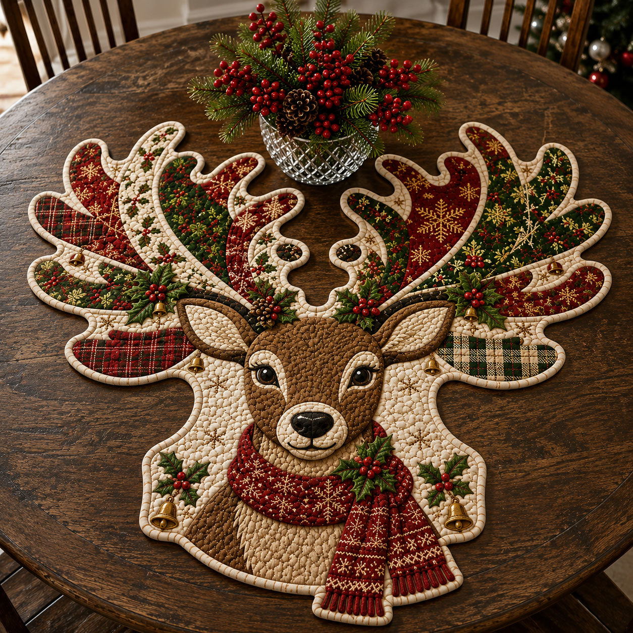 Christmas Reindeer Plaid Custom Shape Quilted Table Topper GFTOHNL3308