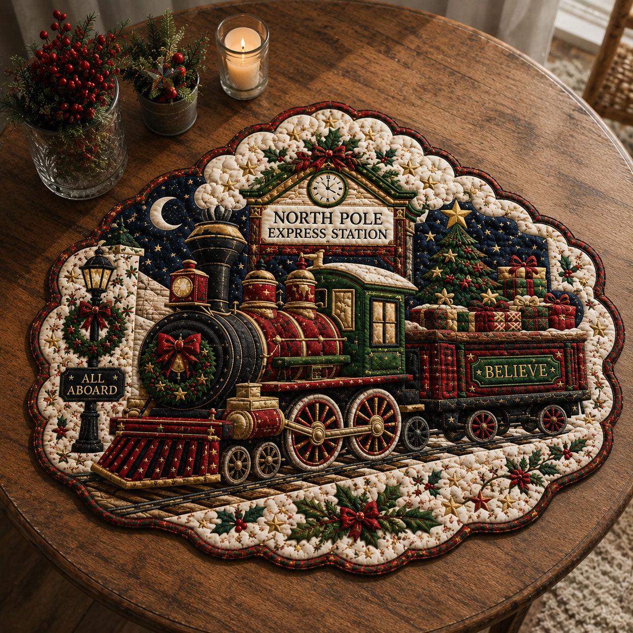 North Pole Express Custom Shape Quilted Table Topper GFTOHNL3309