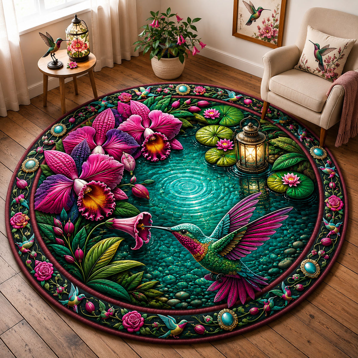 Hummingbird Orchid Garden Quilted Round Mat GFTOHNL3310