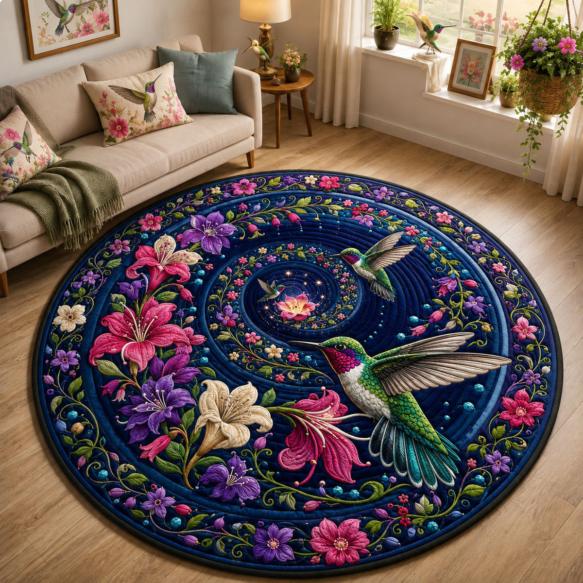 Hummingbird Floral Spiral Quilted Round Mat GFTOHNL3311