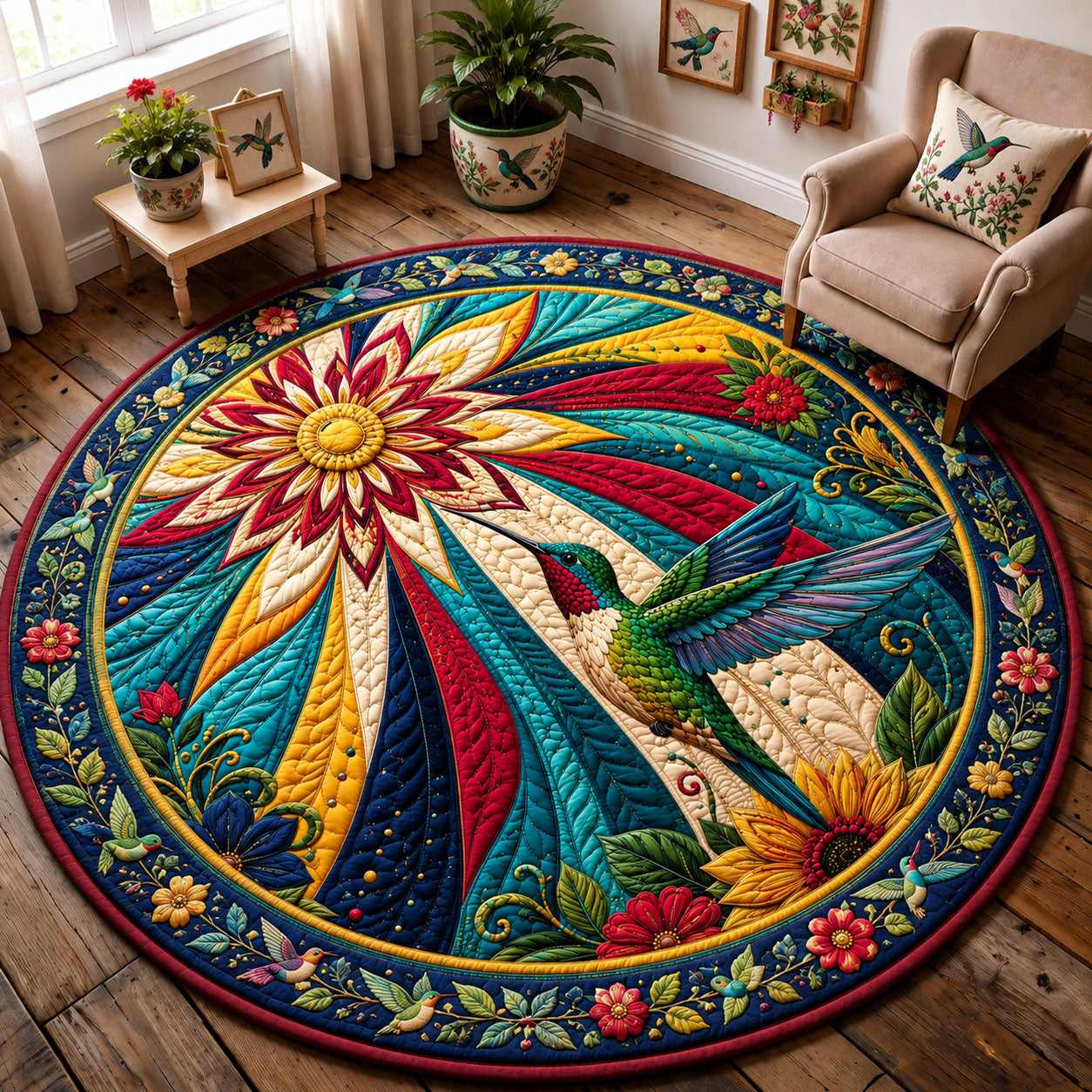 Hummingbird Sunburst Garden Quilted Round Mat GFTOHNL3313