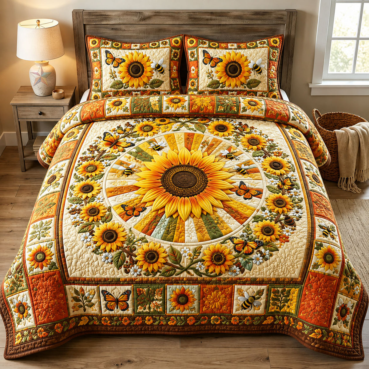 Sunflower Butterfly Garden 3-Piece Quilted Bedding Set GFTOHNL3317