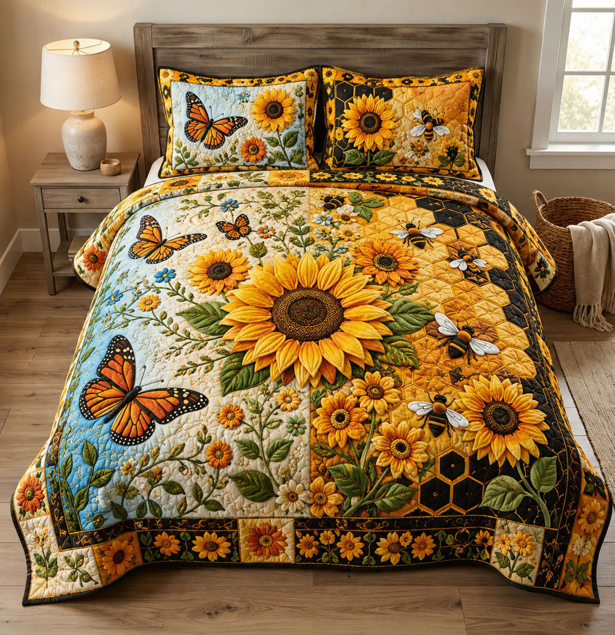 Sunflower Honey Garden 3-Piece Quilted Bedding Set GFTOHNL3319