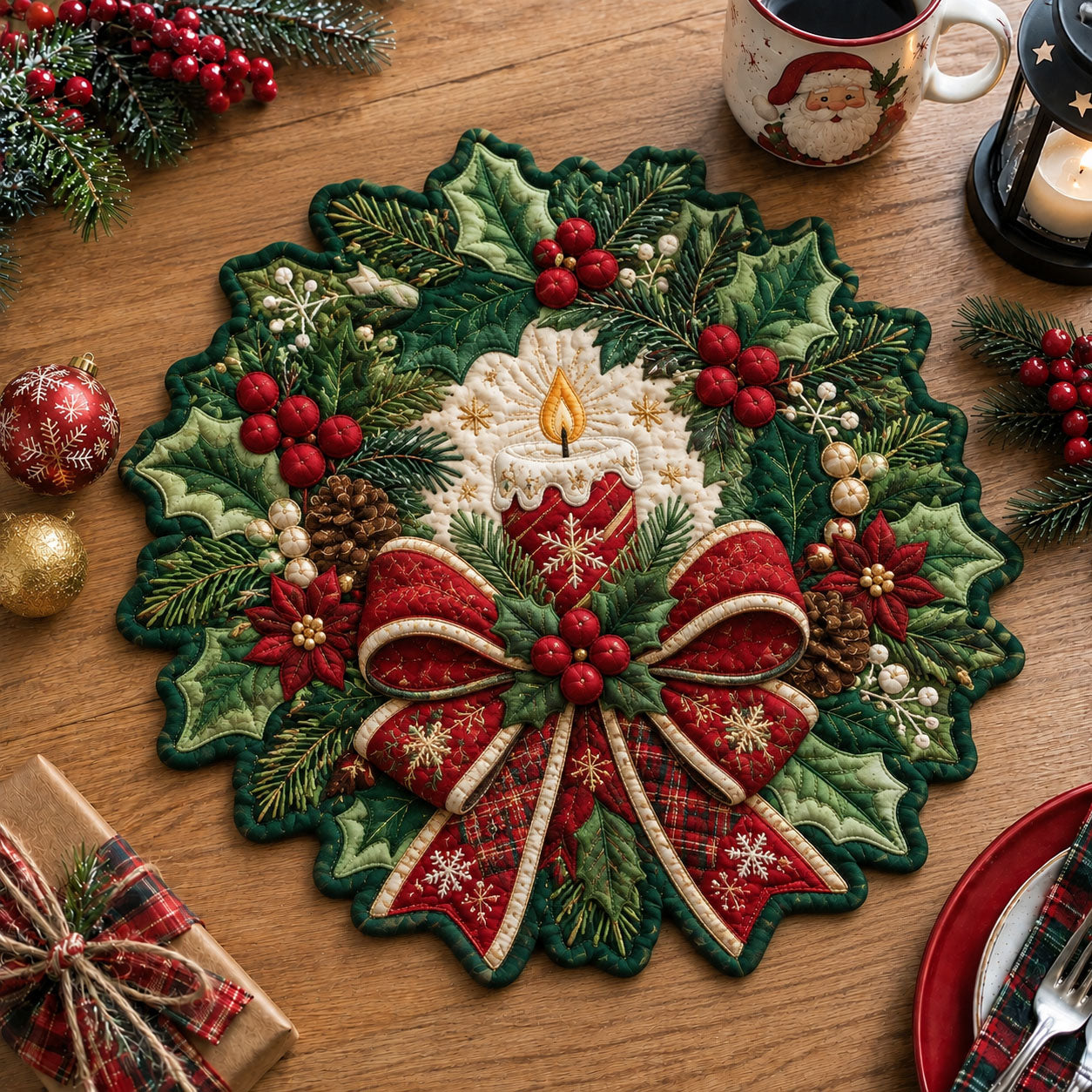 Christmas Wreath Glow Custom Shape Quilted Place Mat GFTOHNL3333