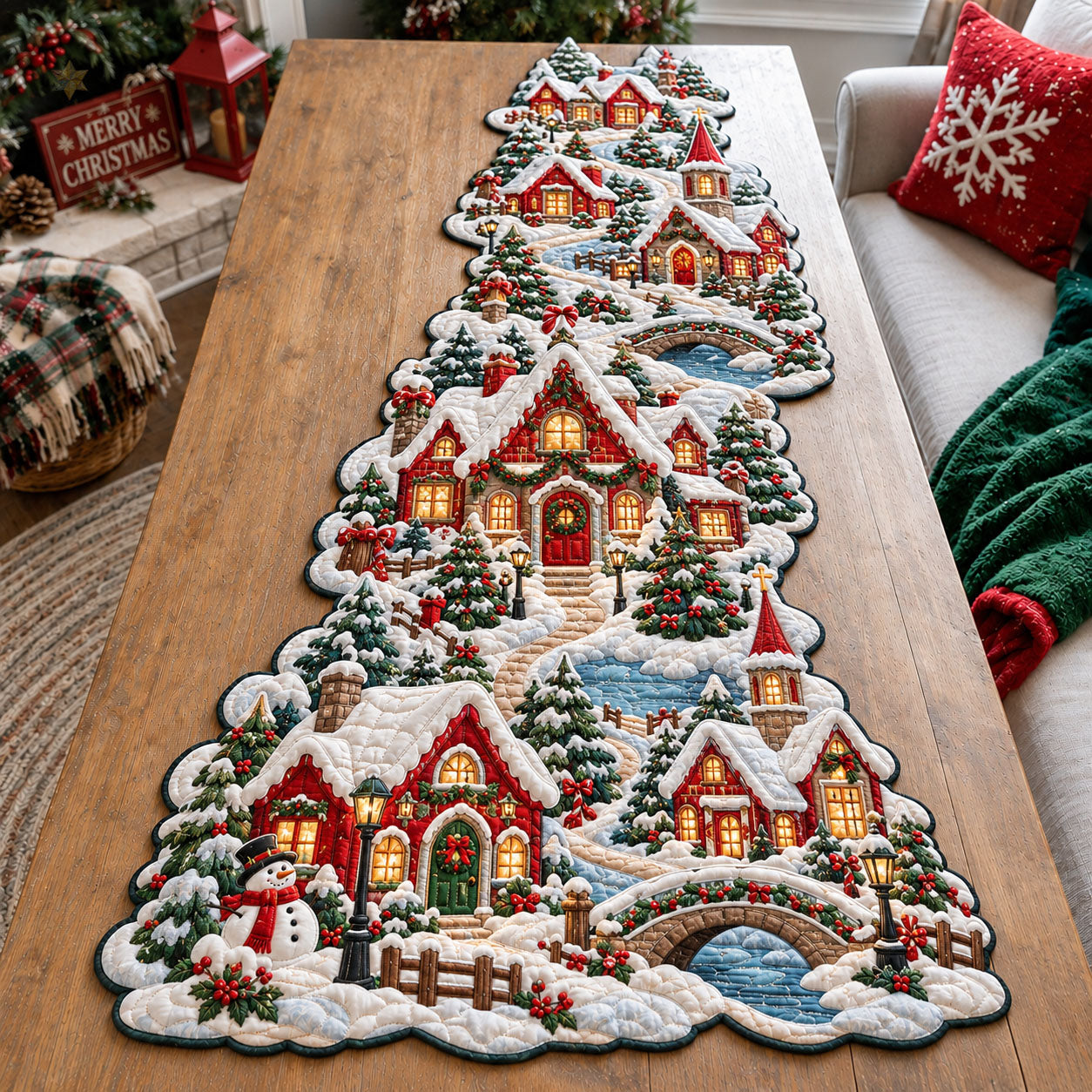 Christmas Village Glow Custom Shape Quilted Table Runner GFTOHNL3338