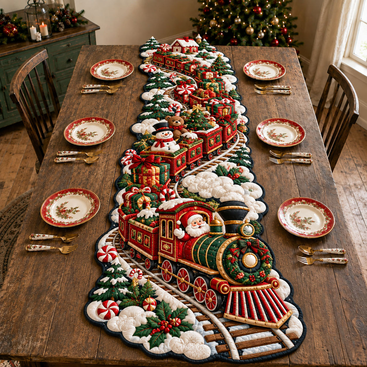 Santa Christmas Train Custom Shape Quilted Table Runner GFTOHNL3339