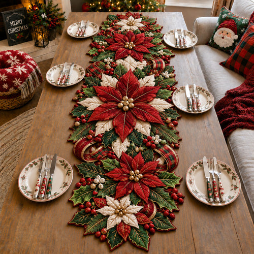 Poinsettia Holiday Garden Custom Shape Quilted Table Runner GFTOHNL3343