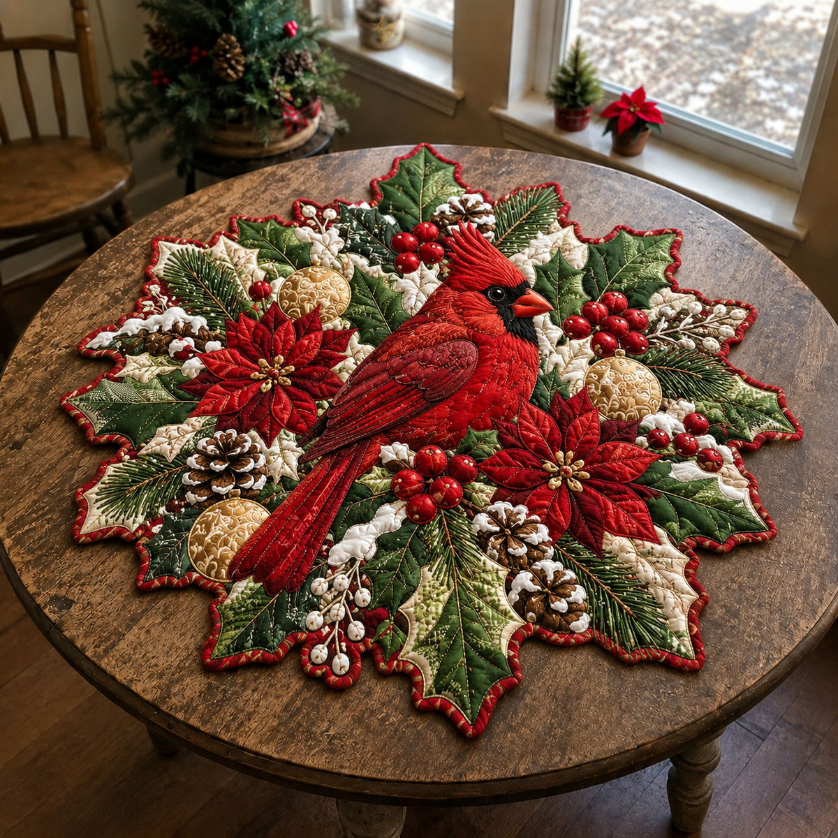 Christmas Cardinal Garden Custom Shape Quilted Table Topper GFTOHNL3345