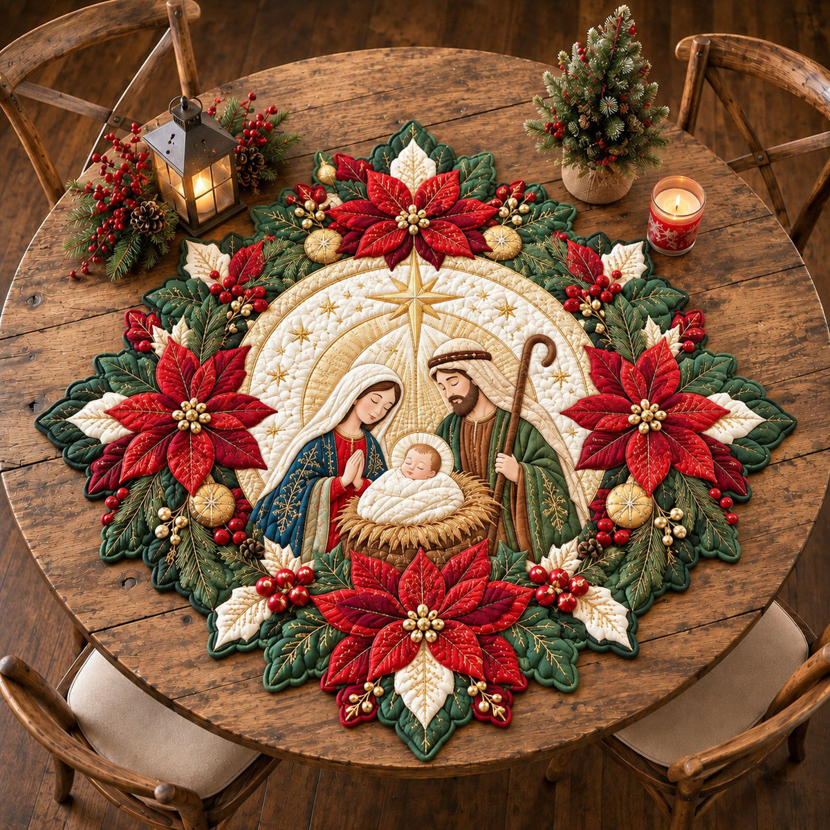 Holy Nativity Star Custom Shape Quilted Table Topper GFTOHNL3346